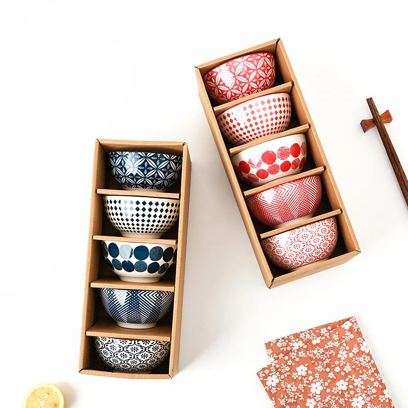 

Japanese 5Pcs/set Ceramic Bowl Retro Tableware Household Rice Soup Bowls Kitchen Dinnerware Creative Personalized Bowl Gift Box