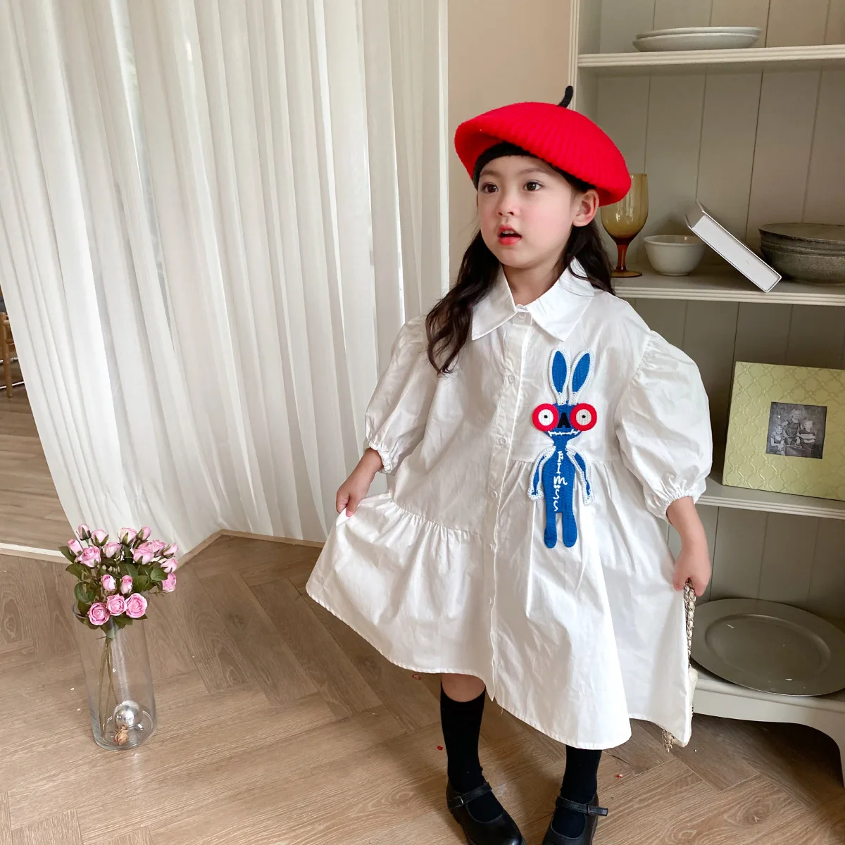 

Autumn White Shirt Style Dress Long Sleeve Cotton Loose Casual Fashion Cartoon Rabbit Embroidered Dress
