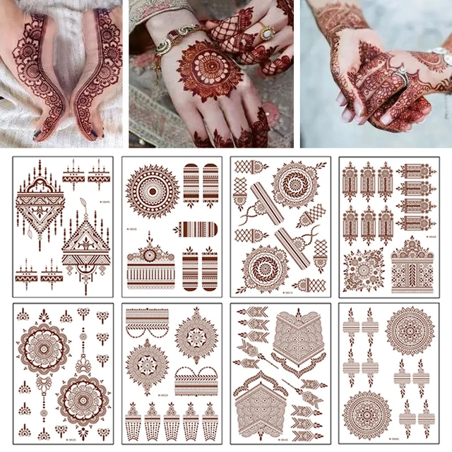 Henna Tattoo Brown Mehndi Stickers for Hand Temporary Tattoos Body Art Tatoo Waterproof for Women Fake Tatoo Hena Design 2