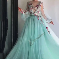 caroline tulle green fairy evening dress appliques 3d flowers long sleeves vestidos prom gowns celebrity party custom made
