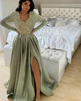 Glitter Sequin A-Line Prom Dresses 2022 V-Neck Sexy High Slit Satin Green Long Sleeves Formal Evening Gowns