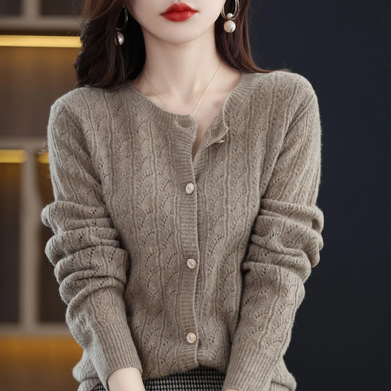 Pure Wool Knitted Hollow Cardigan Women's Long Sleeve Loose Round Neck Versatile Bottomed Cashmere Top Coat In Autumn And Winter