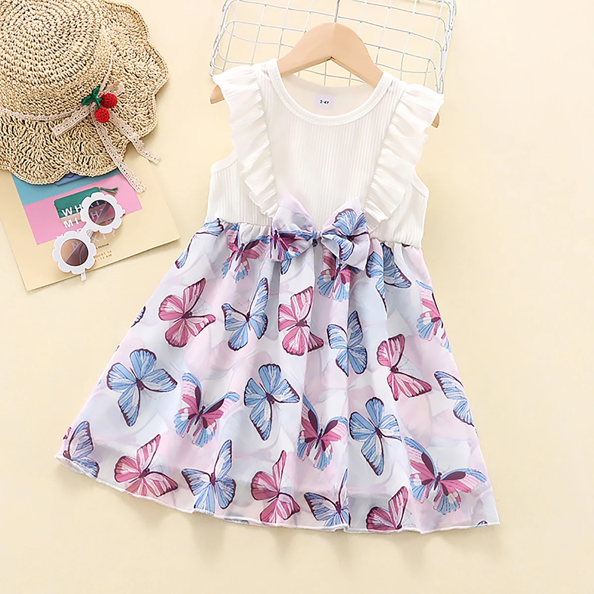 

Cartoon Print Baby Girls Princess Dress Summer Toddler Girls Tank Stitching Bow Dress For Kid Party Clothes Children Vestido