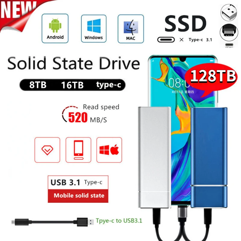 

Оригинальный внешний твердотельный накопитель SSD 64 тб/128 тб, портативный высокоскоростной жесткий диск, жесткий диск, устройство хранения для компьютера/ноутбука