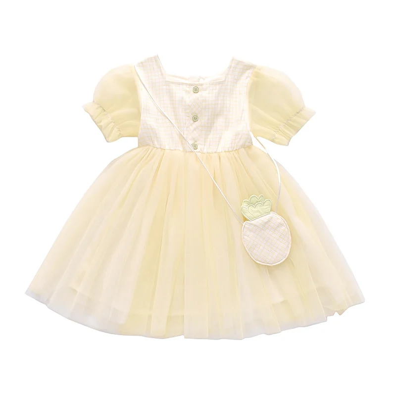 

New Girls Summer Plaid mesh backpack dress children's fashion Korean Short Sleeved skirt fashion baby princess fluffy yarn skir