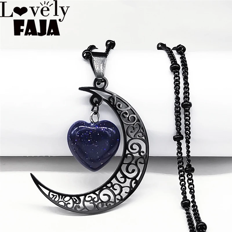 

Black Color Stainless Steel Natural Stone Charm Necklace Women Moon Heart Necklace Jewelry acero inoxidable joyeria N1130S03