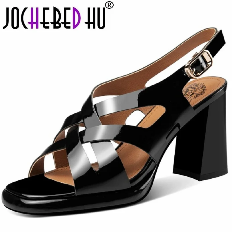 

【JOCHEBED HU】New Summer Sandals Cow Leather High Heels Woman Shoes Chunky Heel Square Toe Sandals Back Strap Shoes Pumps Handmad