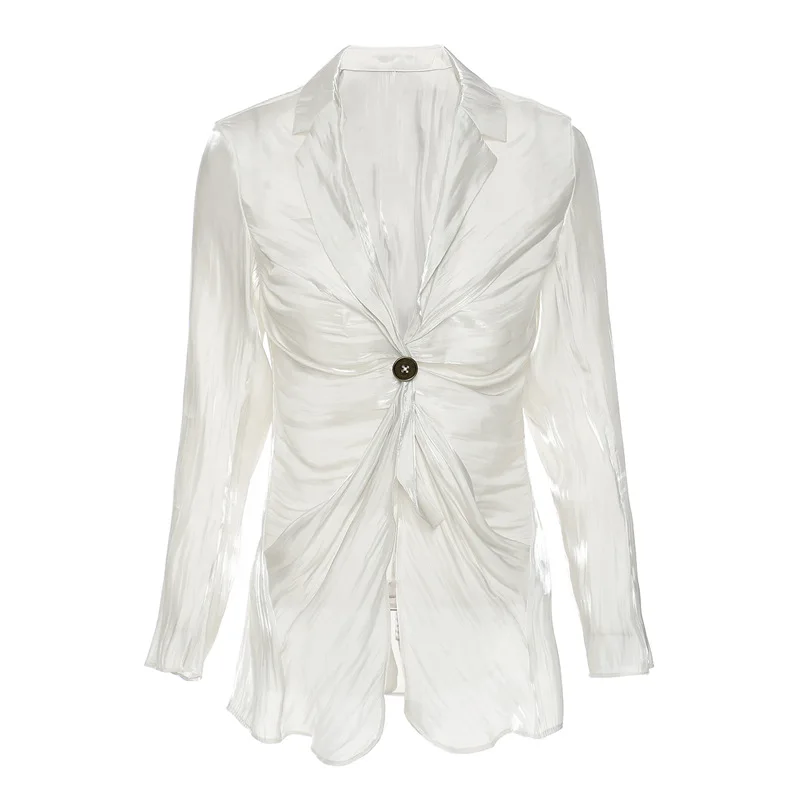 

Y2k One Button Pleated Blouse Women Solid Shirt Long Sleeve Tops Korean Style Academia Vintage Mujer