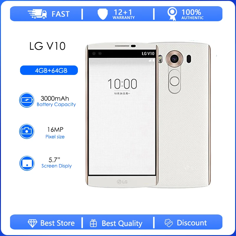 

LG V10 Refurbished-Original Unlocked LG H900 H901 5.7" 4GB RAM 64GB ROM single 3 cameras Phone