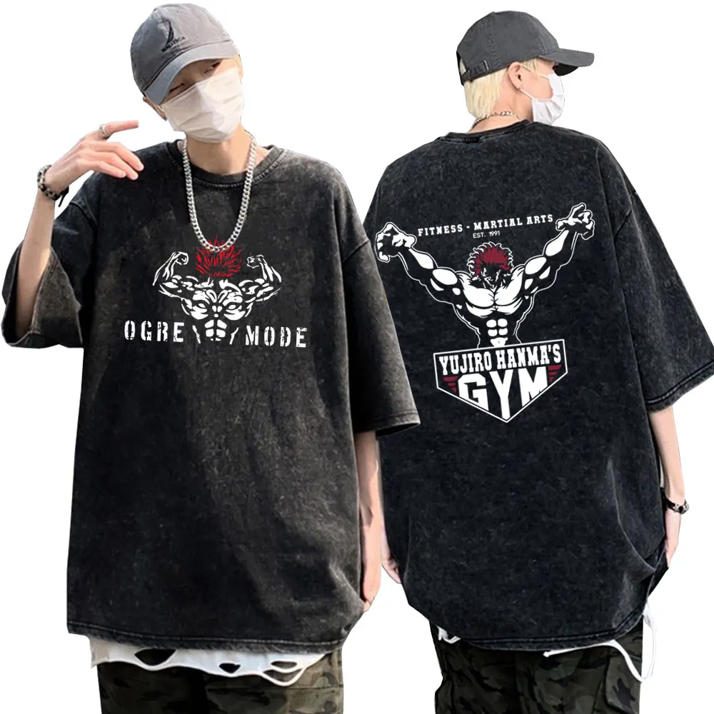 

Anime Men's Wash Vintage Black Tshirt Tops Baki The Grappler Yujiro Hanma Gym Vintage T-shirts Men Women Manga Harajuku T Shirt