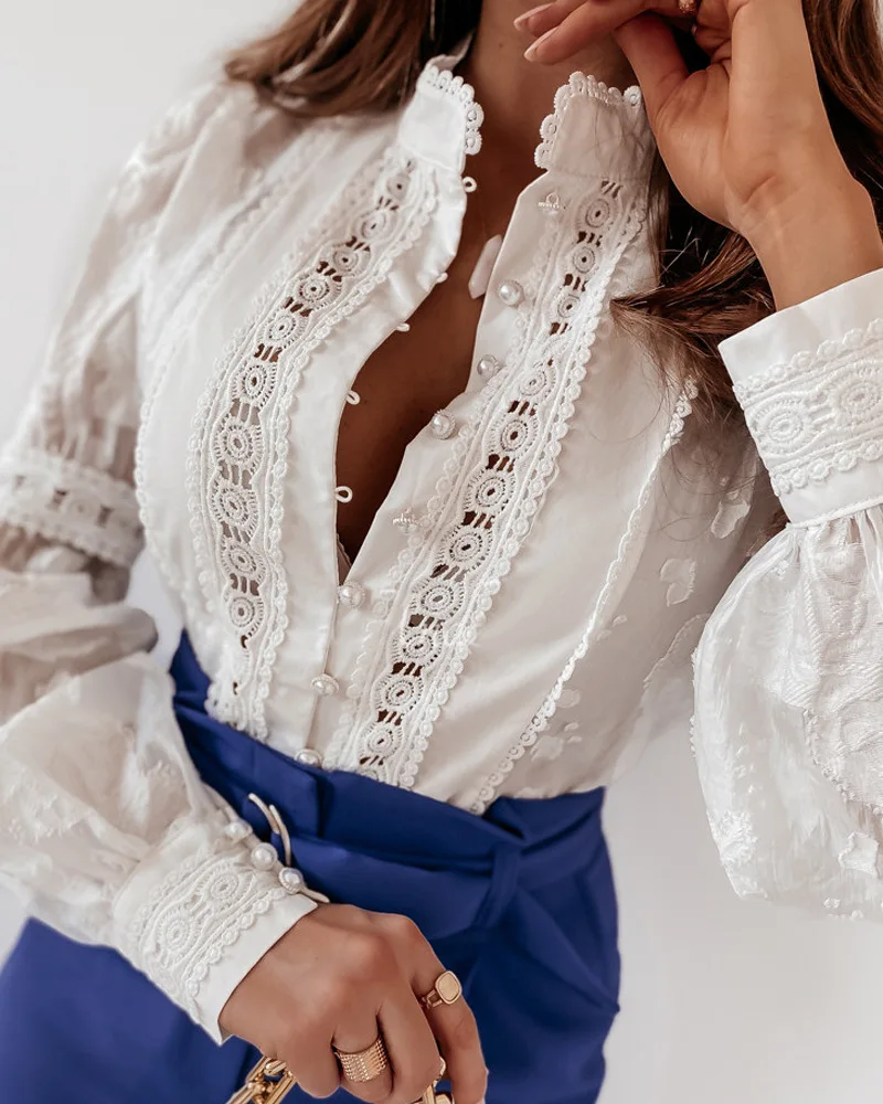 2022 Autumn Season Women's Elegant Casual Tops Lace Stitching Commuter Shirts Long-sleeved Shirts Basic
