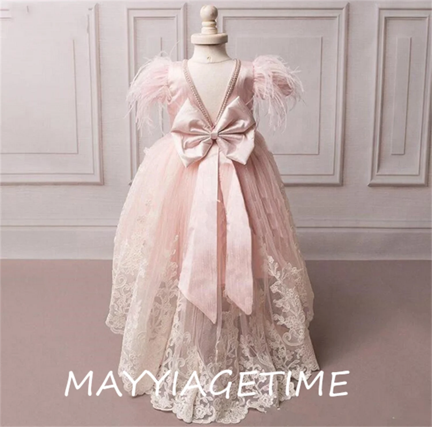 

Платье маленькой принцессы с высоким и низким цветочным рисунком, платье с драгоценным вырезом, большим бантом, V-образным вырезом и перьями, индивидуальный пошив, вечерние платья на день рождения