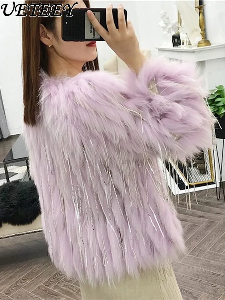 

2023 Winter Korean Style Faux Fox Fur Coat Female New Short Woven Tassel Young Fashion Imitation Raccoon Fur Overcoat