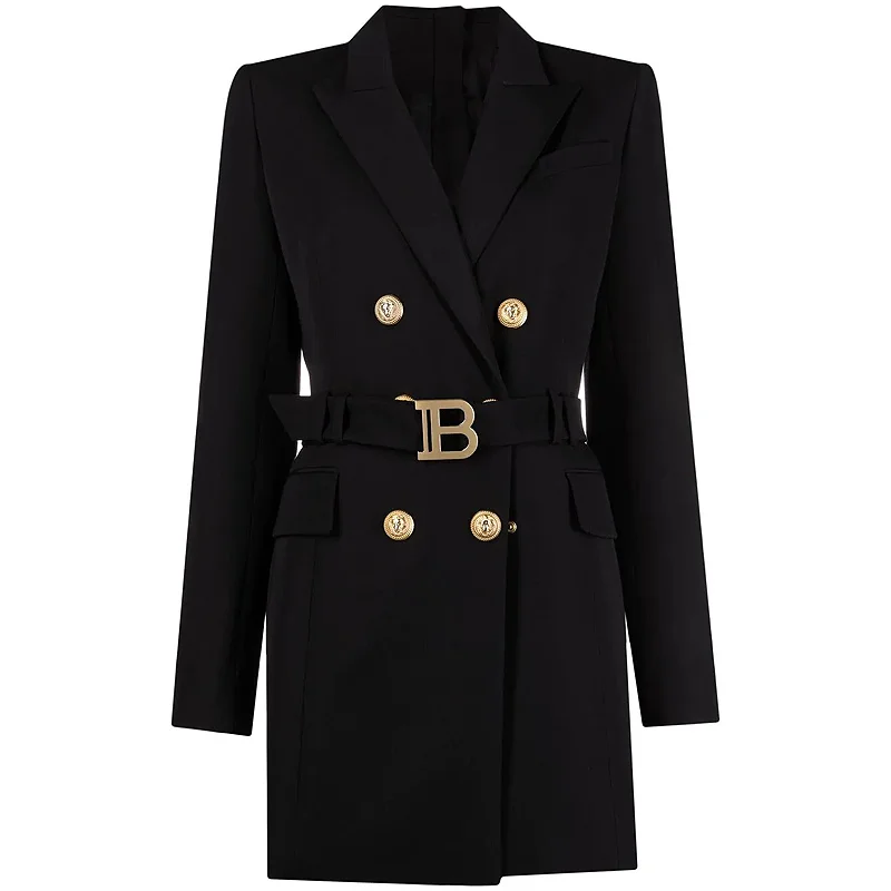 

HIGH STREET New Fashion 2022 Designer Women's Long Sleeve Notched Collar Lion Buttons Double Breasted Belted Blazer Dress