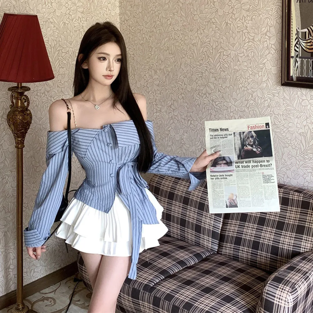 Рубашка женская с открытыми плечами пикантная блузка цепочкой и длинным рукавом