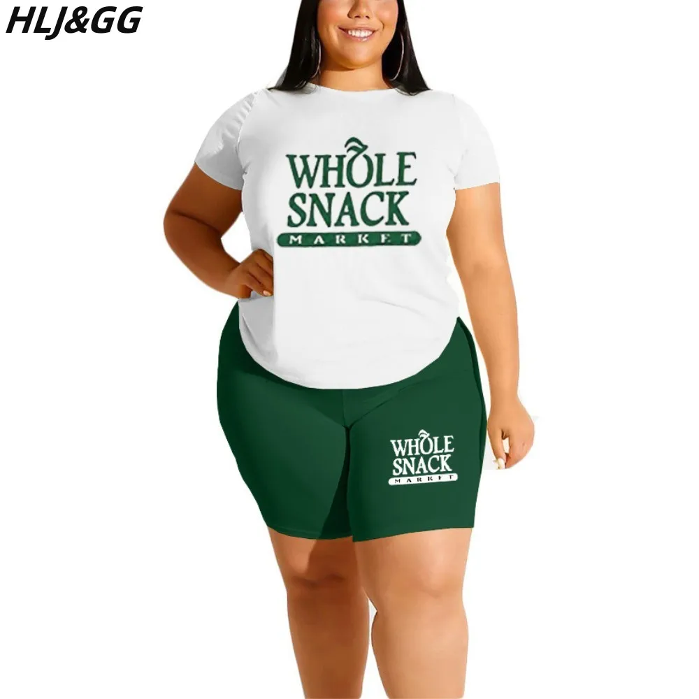 HLJ&GG Plus Size Women Clothing 2XL-6XL Casual Printing Round Neck Tshirt And Biker Shorts Two Piece Sets Summer Sporty Outfits