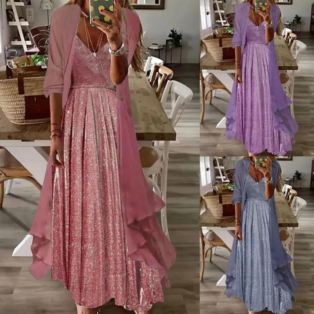 

2Pcs/Set Popular Dress Long Cardigan Deep V Quick Drying Dress Set High Waist Dress Long Cardigan