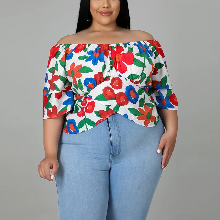 Plus Size Shirts for Women 4XL 5XL 2022 Suummer New Floral Printed Off the Shoulder Fashion Large Ladies Tops Shirts Hot Style
