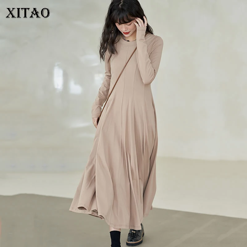 

XITAO/тонкое платье с большим подолом, модное однотонное повседневное простое весеннее платье с длинными рукавами, базовое платье GWJ3128