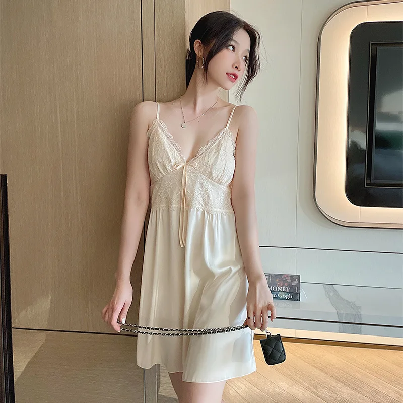 

Female Nightdress Spaghetti Sling Casual Home Clothing Satin Patchwork Nightwear Sexy Lace Sleepwear Intimate Lingerie