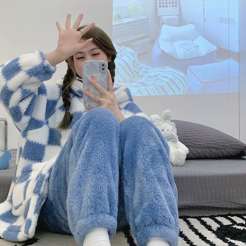 Yasuk Winter Women Girl Casual Warm Soft Hooded Sleepwear Pajamas With Pant Velvet Fleecel Cute Thick Pocket Plaid Simple