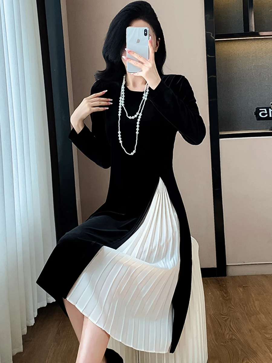 Высококлассный дизайн бархатное лоскутное платье с круглым вырезом осень-зима