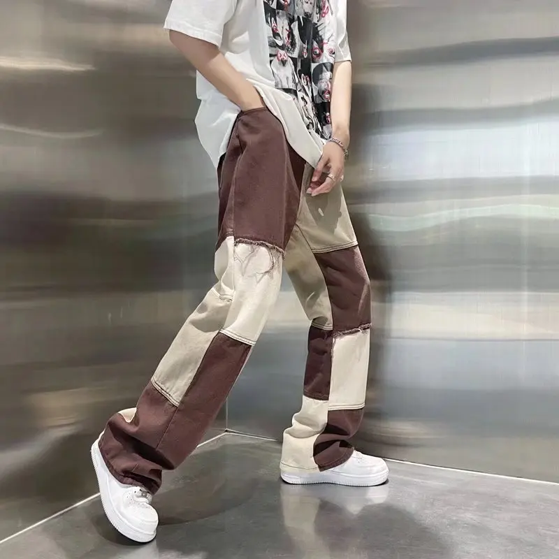 

New Fashion Brown Beggar Patchwork Loose Men's Jeans High Street Casual Straight Hip Hop Women's Denim Trousers