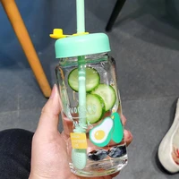 cute fruit straw transparent glass water bottle creative student couple cup with lid juice drink water cup gift office