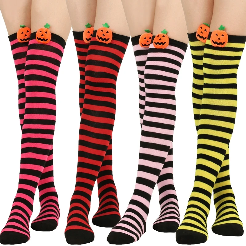 

Смешные Женские носки на Хэллоуин, ранние носки, чулки до бедра, носки выше колена, праздничные длинные носки в полоску с тыквой