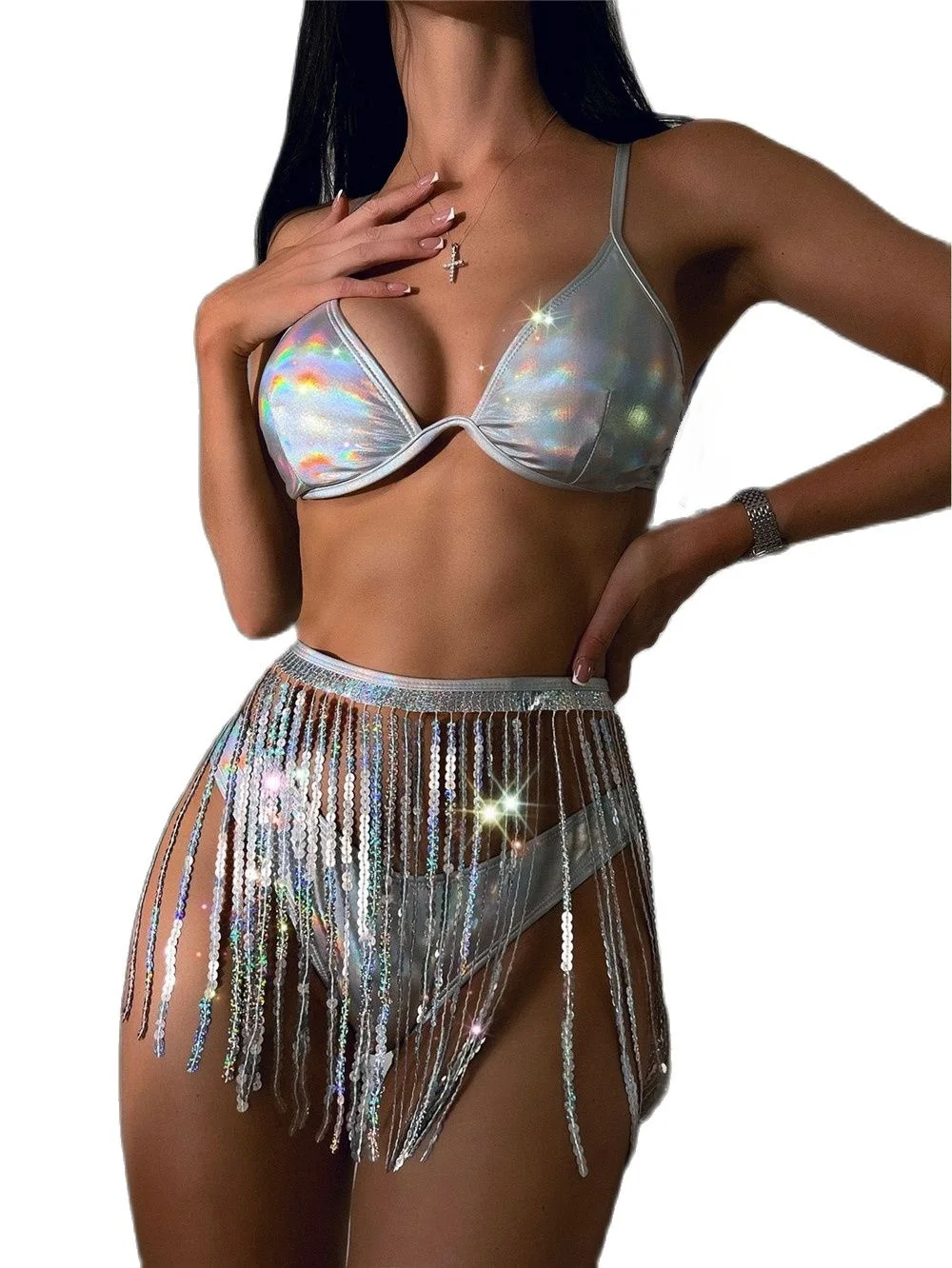 

Holographic Glitter Sequins Music Festival Rave Outfit Fringe Mini Skirt Sexy Thongs Streetwear Club Party Women Bikini 3Pcs Set