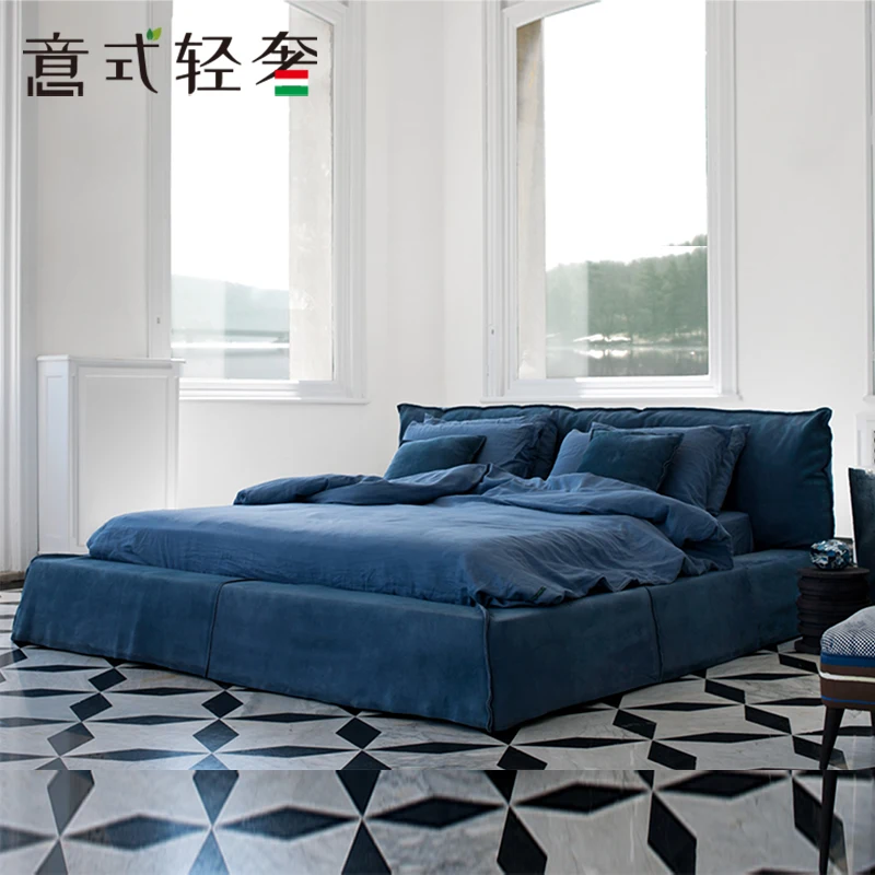 

Modern light luxury net red fur frosted leather soft double bed high-grade imported first layer cowhide master bed