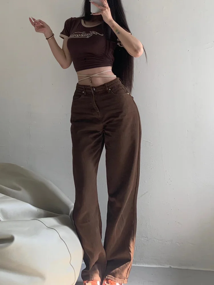 

TVVOVVIN Spice Girl Pocket Straight Cowboy Denim Pants Women High Waist Wide Leg Pants Jeans Brown Korean Hot Sexy 2Q4B