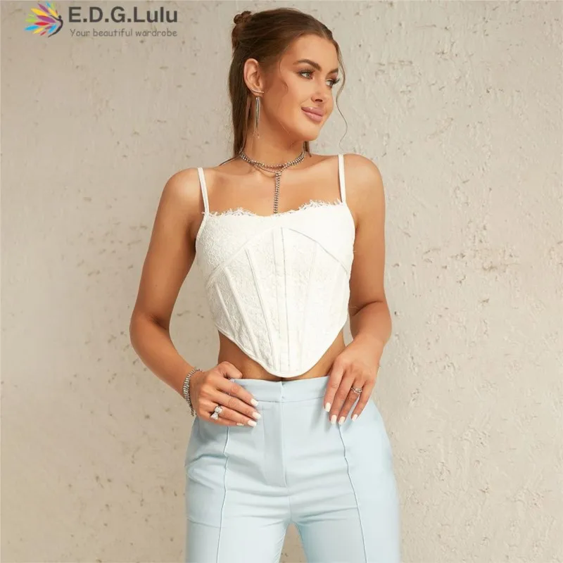 

EDGLuLu 2023 Sexy Square Collar Sleeveless White Lace Camis Backless Crop Women Asymmetric Crop Tops Tank Top Bra Camisole 0714