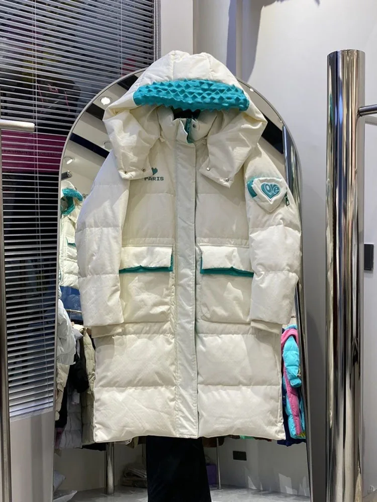 2024 Winter 90% White Duck Down Coat Women Gruba luźna odzież wierzchnia Ciepła kurtka puchowa Parka z kapturem