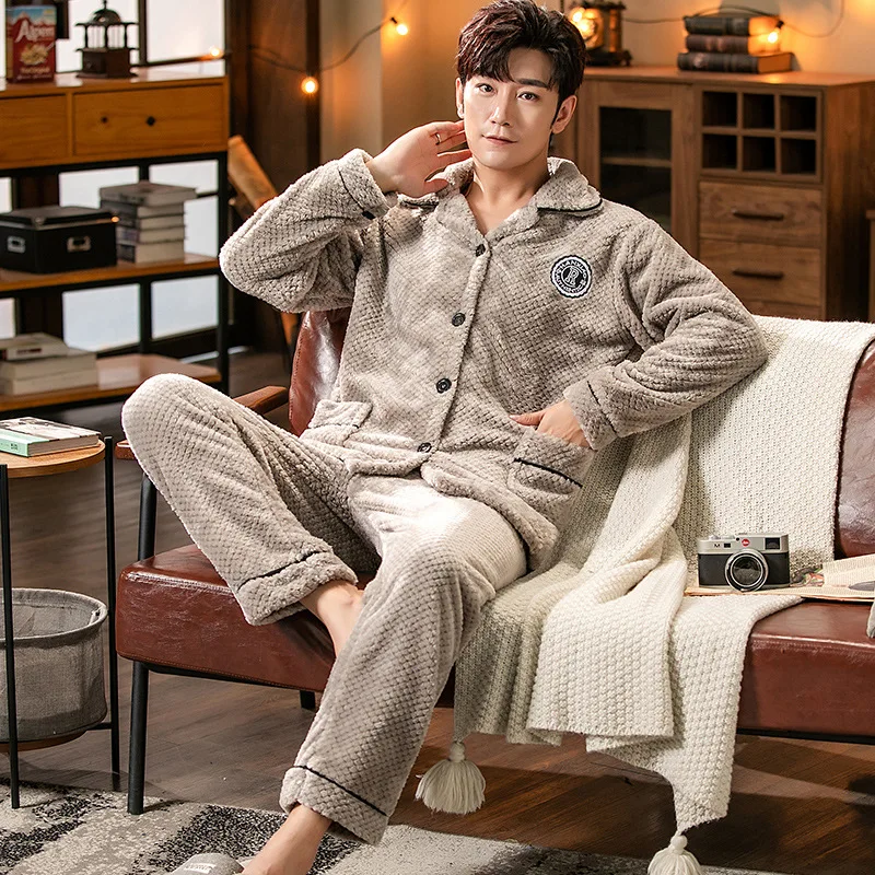 2023 Winter Cardigan Thick Warm Flannel Pajama Sets for Men Korean Loose Coral Velvet Sleepwear Suit Pyjamas Homewear Clothes