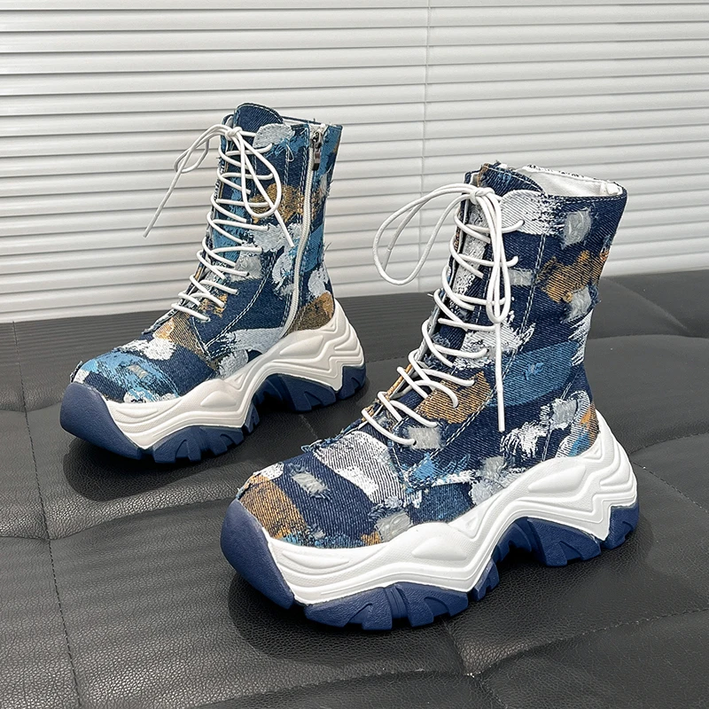 

Women Boots 2022 Platform Boots Ladies Graffiti Canvas Shoes Autumn New Style Thick-soled Short Boots Fashion Women Boots