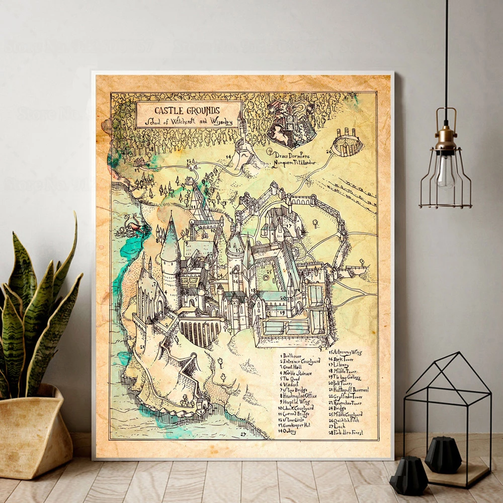 

Винтажный плакат с картой замка, школа колдовства и волшебства