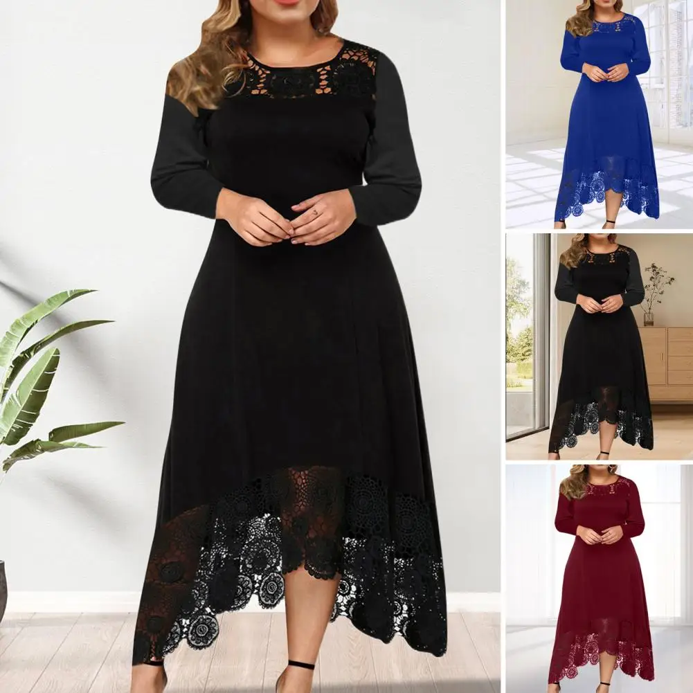 

Women Dress Round Neck Long Sleeves Mid-Waist Lace Stitching Elegant Solid Color Formal Dress Summer Wedding Party Dress