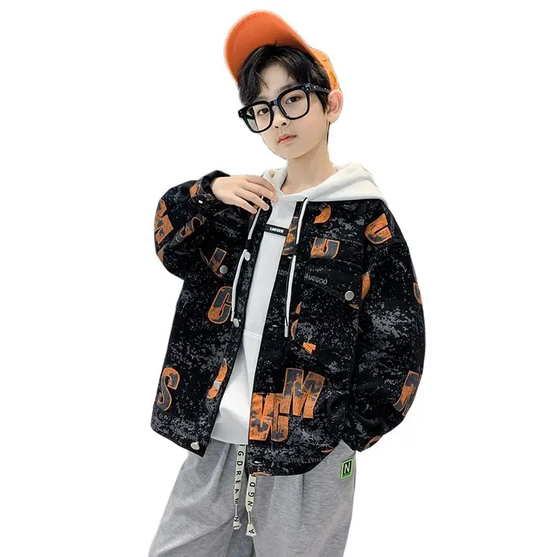 

Kids Clothes for Teens Letter Print Denim Jacket Spring Autumn New Boys Clothing Tie Dye Streetwear Tops Casual Outerwear 4-14 Y