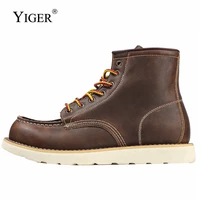 yiger mens casual genuine leather man ankle boots chelsea lace up shoes male vintage mark toe cargo boots ami khaki mens shoes