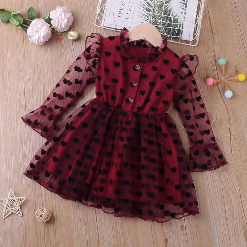 

Children Autumn Lace Dress Heart Printed Kids Lovely Dresses Girls Party Festival Clothes