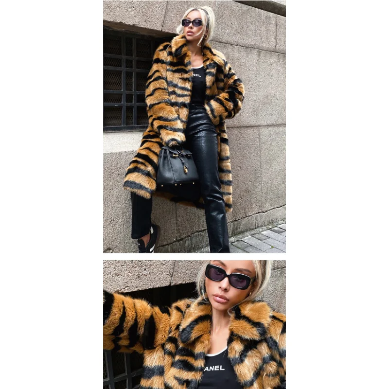 Winter Long Warm Thick Leopard Fluffy Faux Fur Coat Women Tiger Print Runway Loose Luxury Designer Clothing Women
