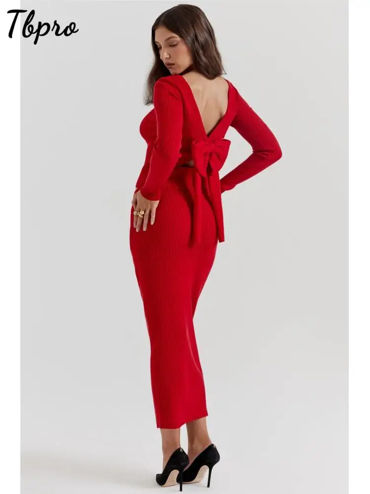 

Red Rib Knitted Blouse And Skirts 2 Piece Set Elegant Bow Backless Pullover & Skirts Suits Christmas Winter Party Outfits Lady