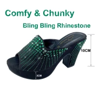 bling bling wed shoe nigerian party high heel 3cm platform plus size 41 42 women chunky mules sparkly bridal green shoe for lady
