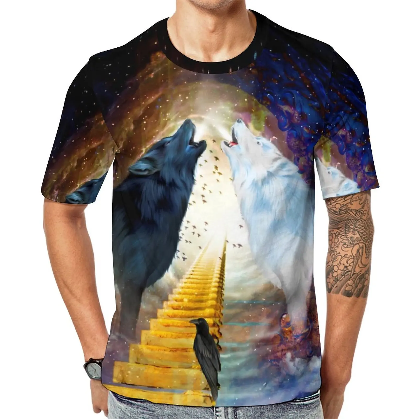 

Black And White Wolf T Shirt Couple Abstract Animal Y2K T Shirts Summer Retro Tees Short-Sleeve Pattern Plus Size Clothing