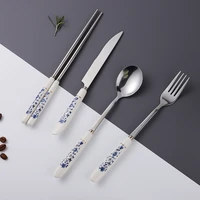 16pcs celadon handle white silver cutlery set kitchen stainless steel dinnerware set knife fork spoon chopsticks tableware