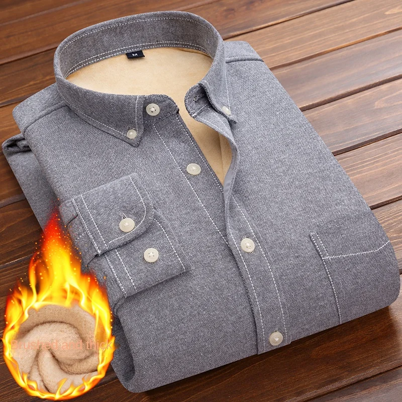 Рубашка мужская приталенная с длинным рукавом теплая бархатная плотная