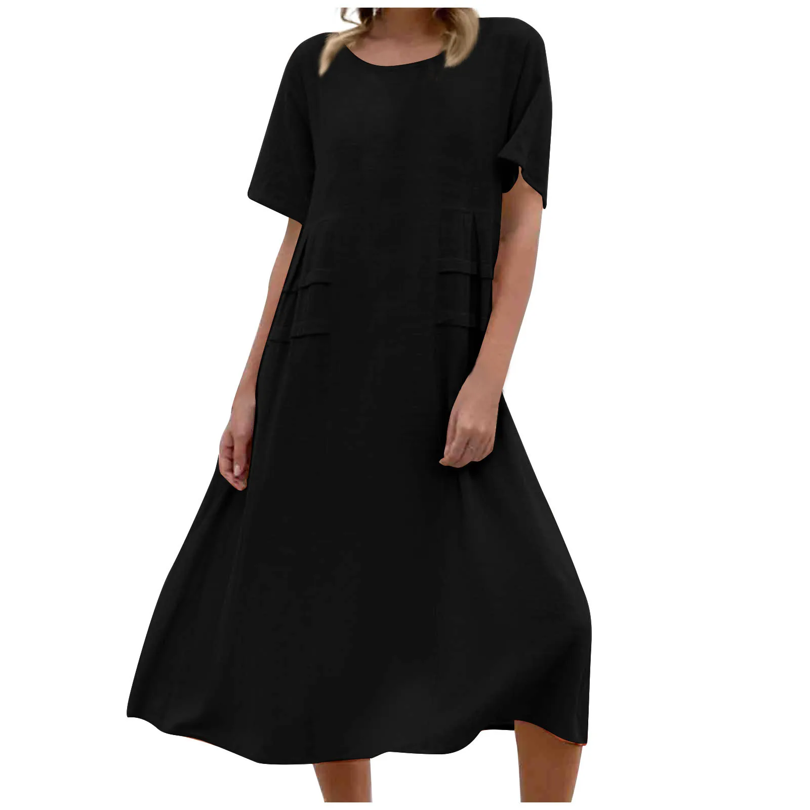 

Модное женское платье, летнее повседневное модное однотонное платье с круглым вырезом, свободное платье с коротким рукавом, повседневное пляжное платье, платья