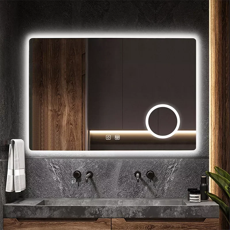 

Smart Rectangular Makeup Bathroom Mirror 5x magnifying glass Three Color LED Vanity Mirror With Anti-fog Brightness Dimmer