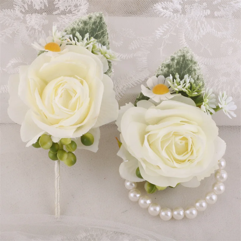 

VOHSIAHPO Wrist Corsage Set White Rose Artificial Flower Bridesmaid Wrist Flower Men'S Groom Boutonniere Wedding Accessories